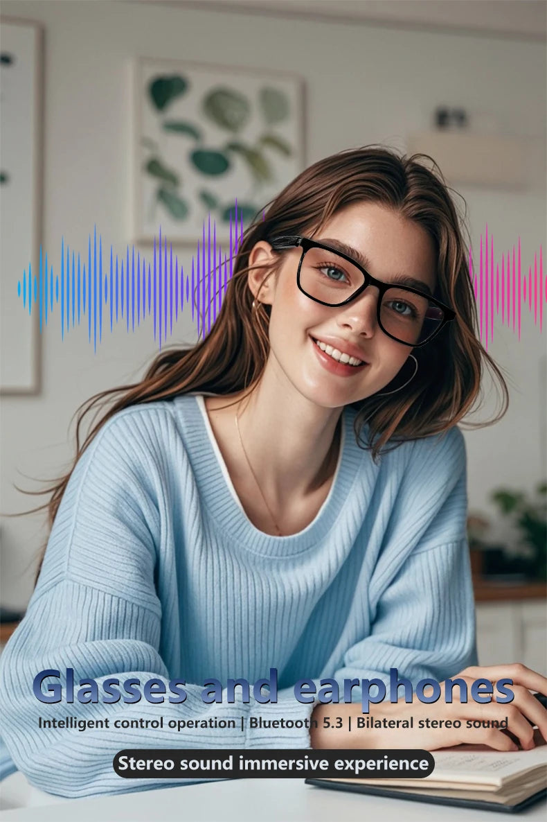 Woman wearing bluetooth smart-glasses with sound wave graphics and text about glasses and earphones.