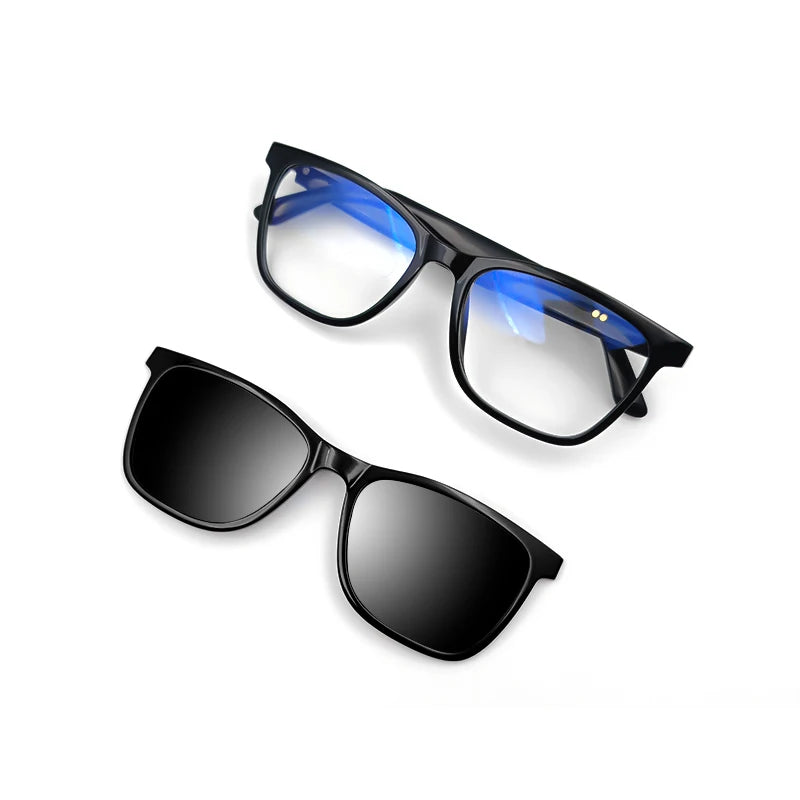 Two pairs of bluetooth smart-sunglasses on a white background