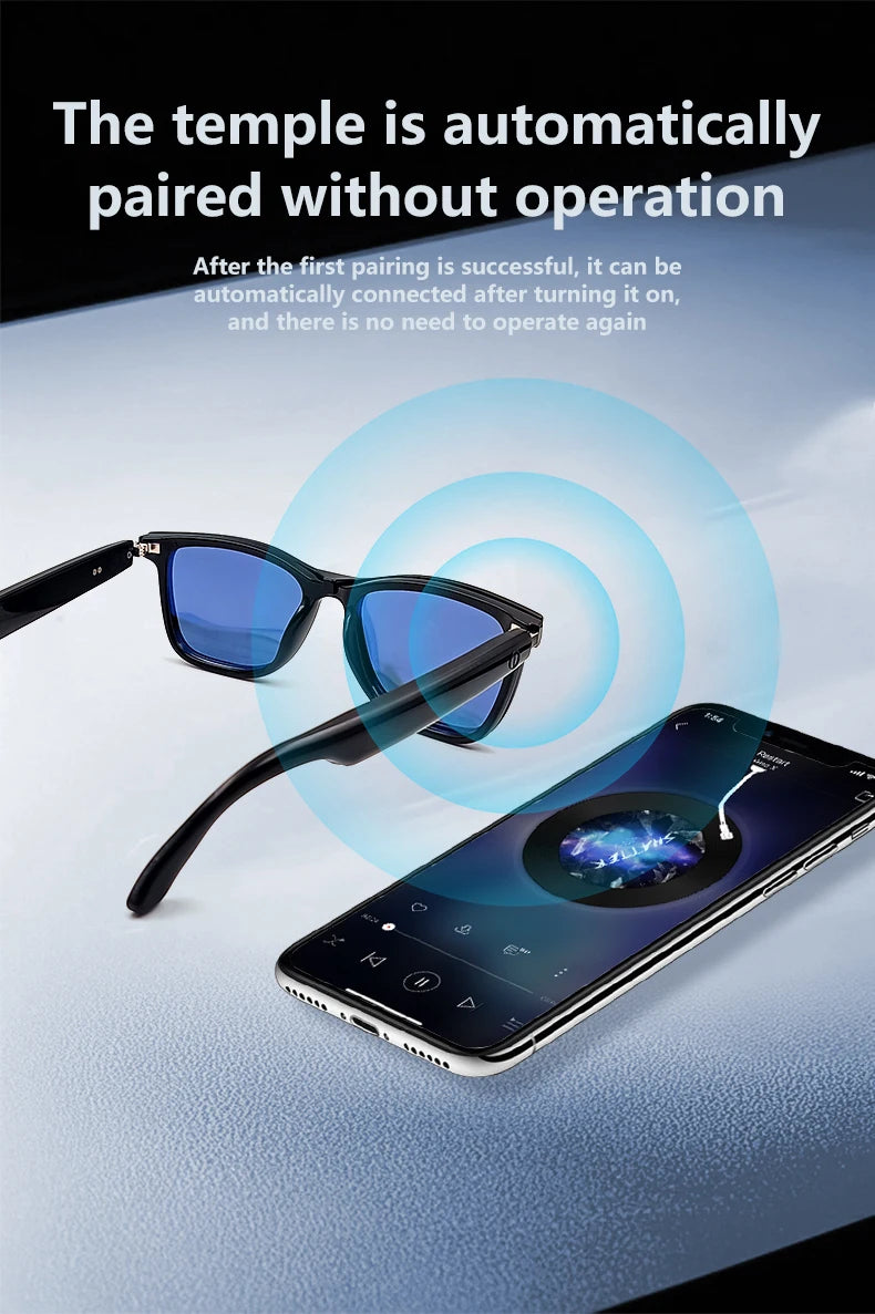 Sunglasses and smartphone on a reflective surface with text about automatic pairing.