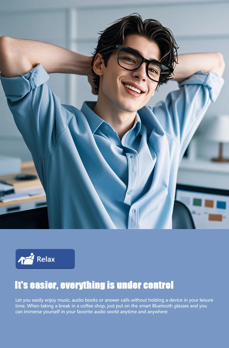 Person wearing smart Bluetooth glasses with a text overlay about audio control.