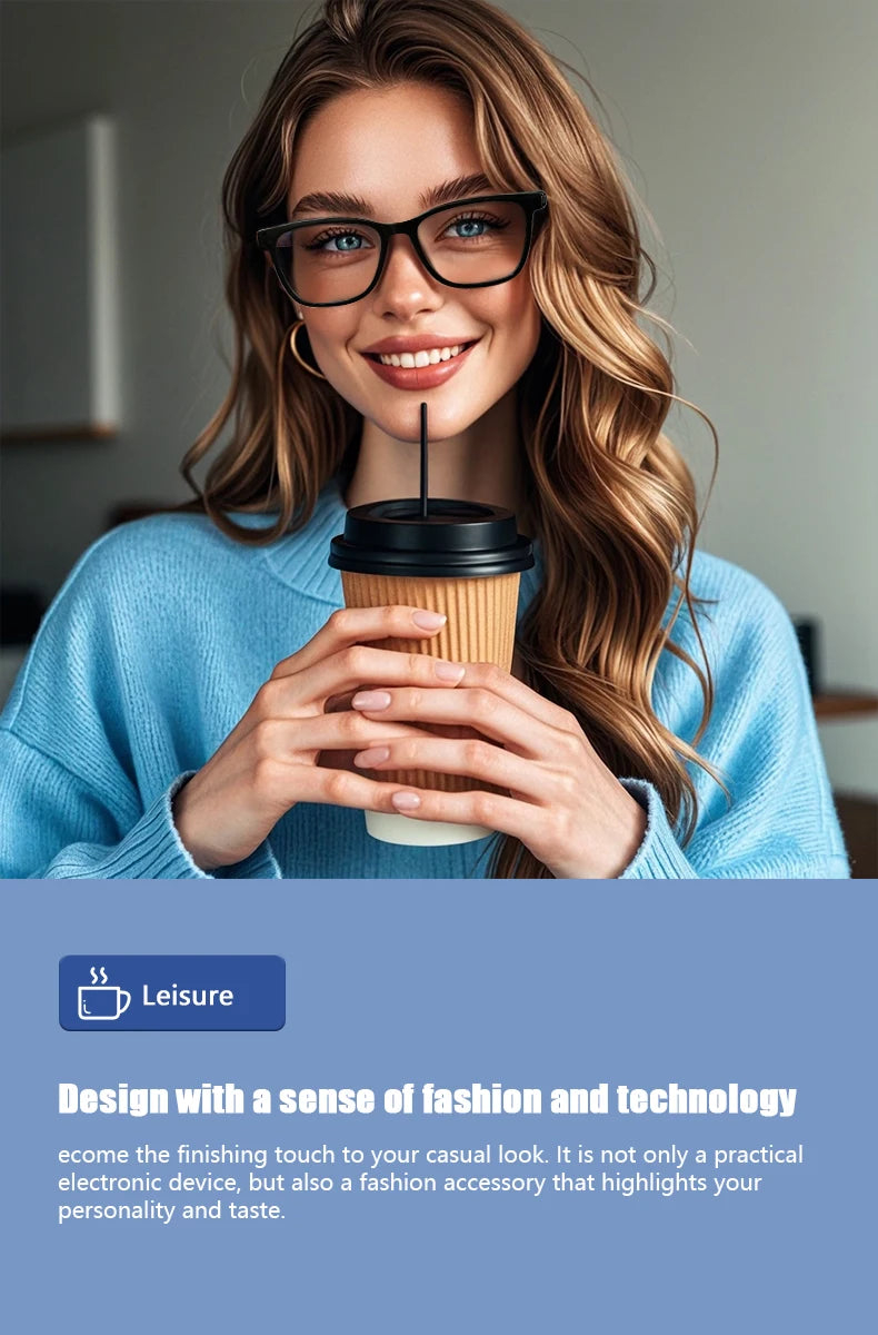 Woman holding a coffee cup wearing bluetooth smart-glasses with a blue label and text about fashion and technology.