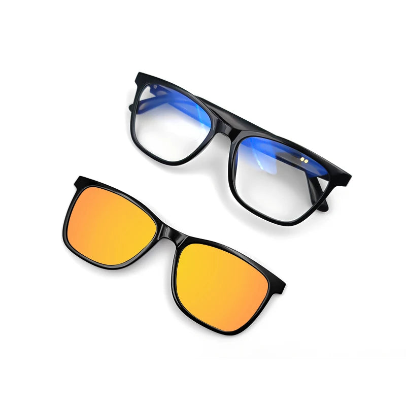 Two pairs of smart bluetooth-sunglasses with different lens colors on a white background