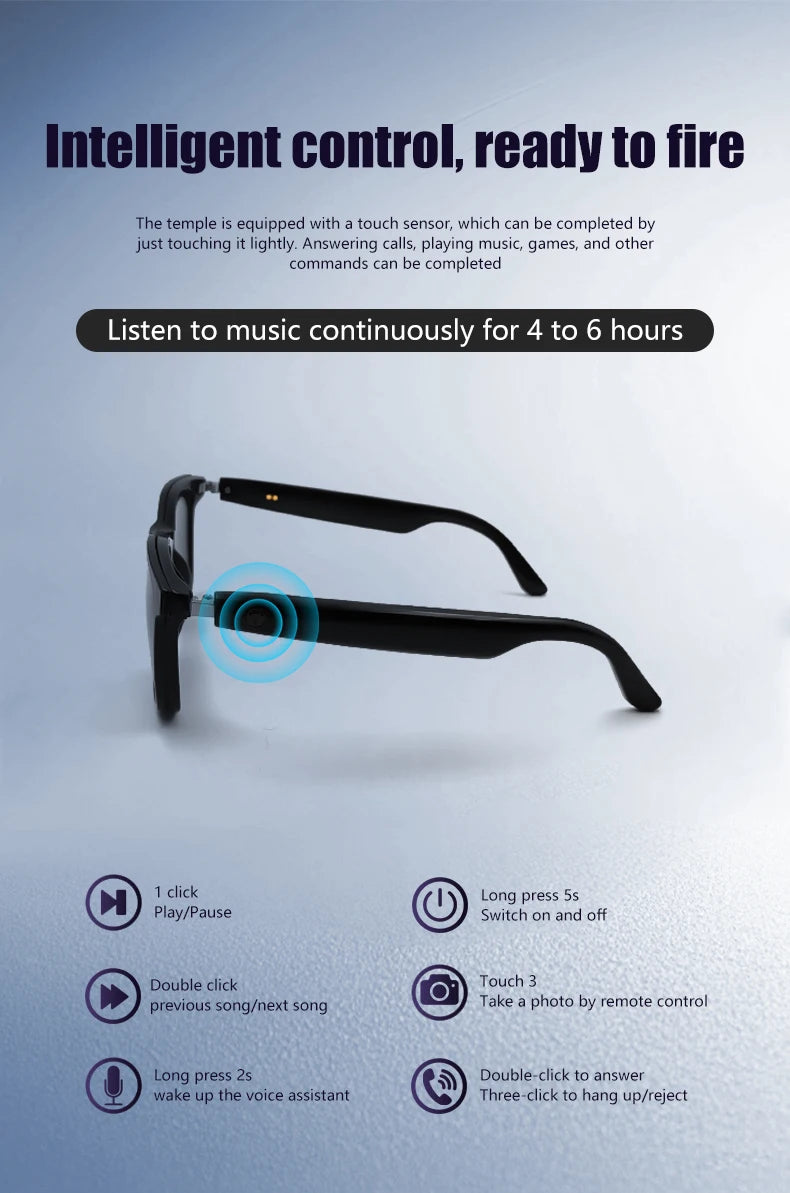 Glasses with touch sensor control on a blue background