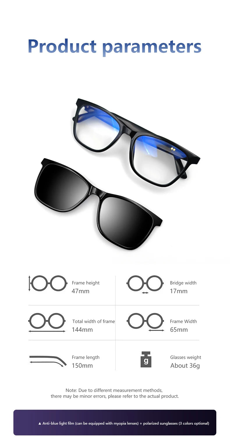 Two pairs of bluetooth smart-glasses smart-sunglasses-eyeglasses with product parameters displayed on a white background.