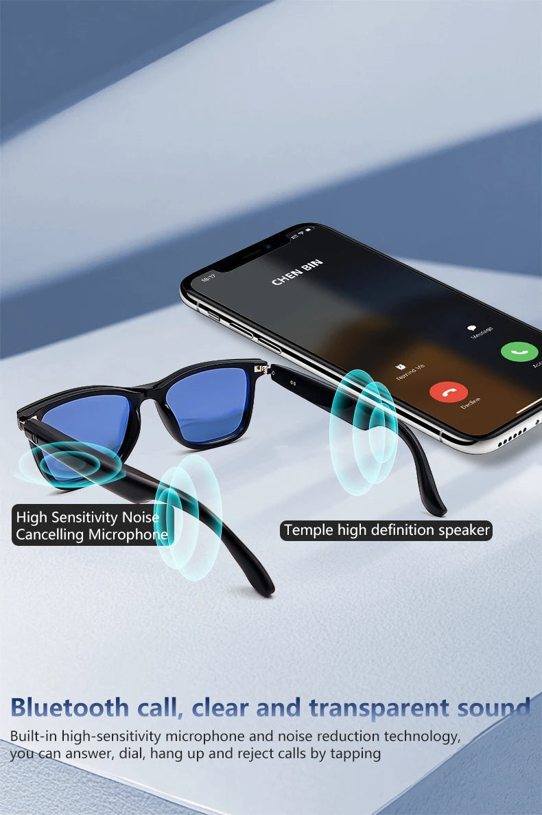 Smart glasses with a smartphone on a light surface, highlighting features like noise-cancelling microphone and high-definition speaker.