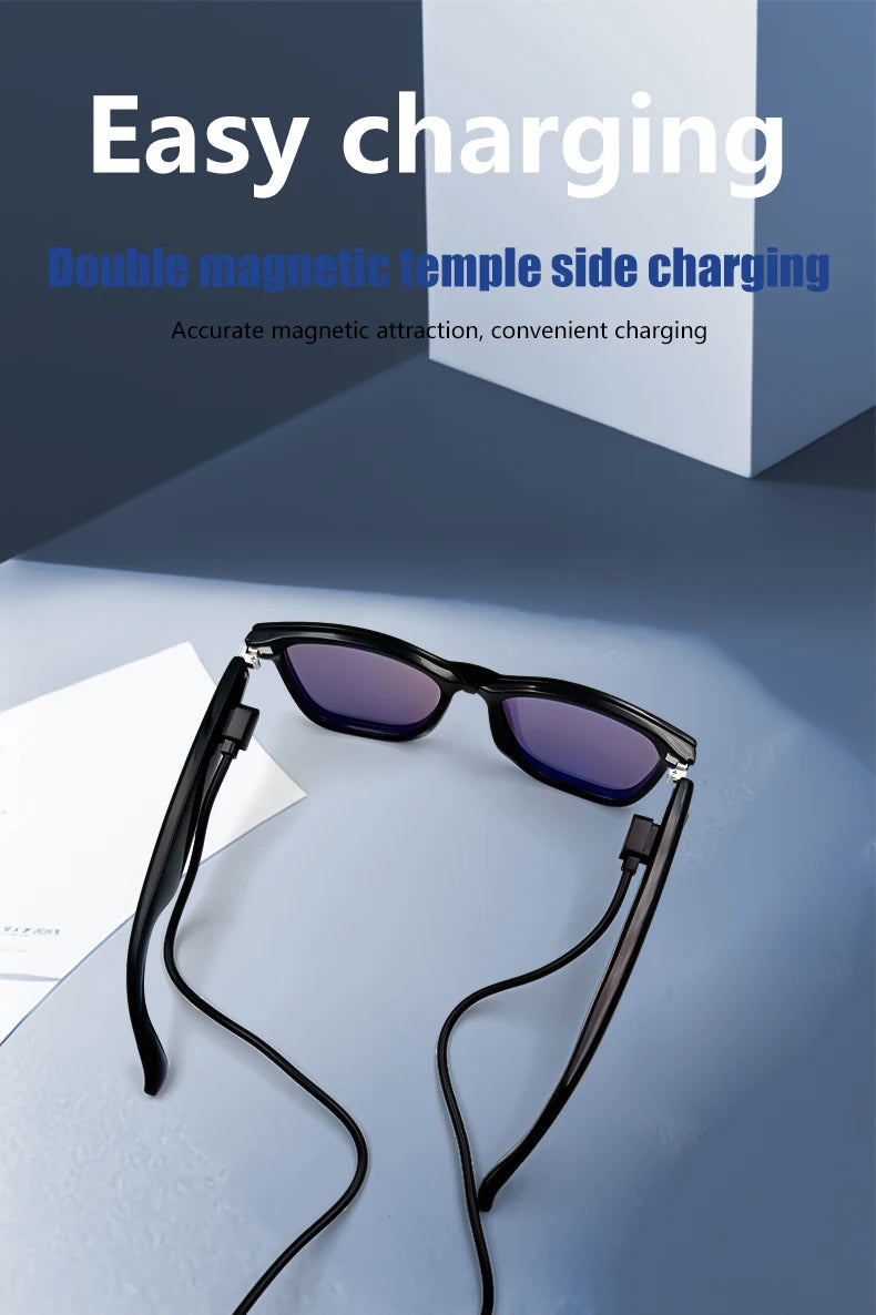 Sunglasses with magnetic charging cable on a light blue background, featuring text about easy charging.