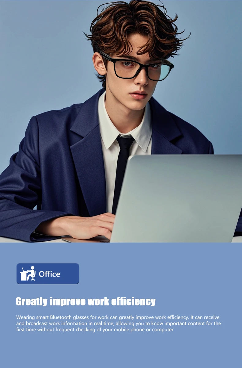 Person wearing smart Bluetooth glasses working on a laptop with text about improving work efficiency.