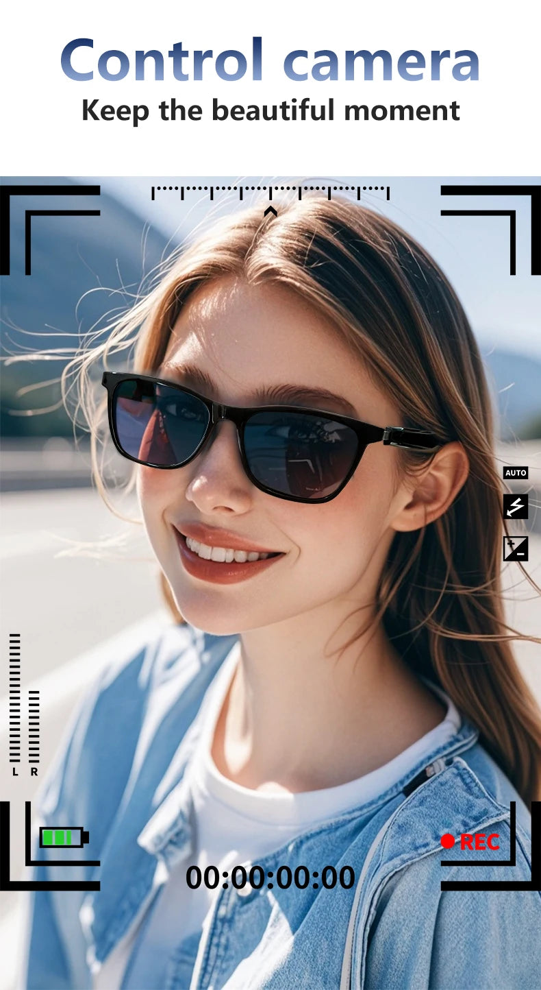 Woman wearing smart bluetooth sunglasses with a camera interface overlay