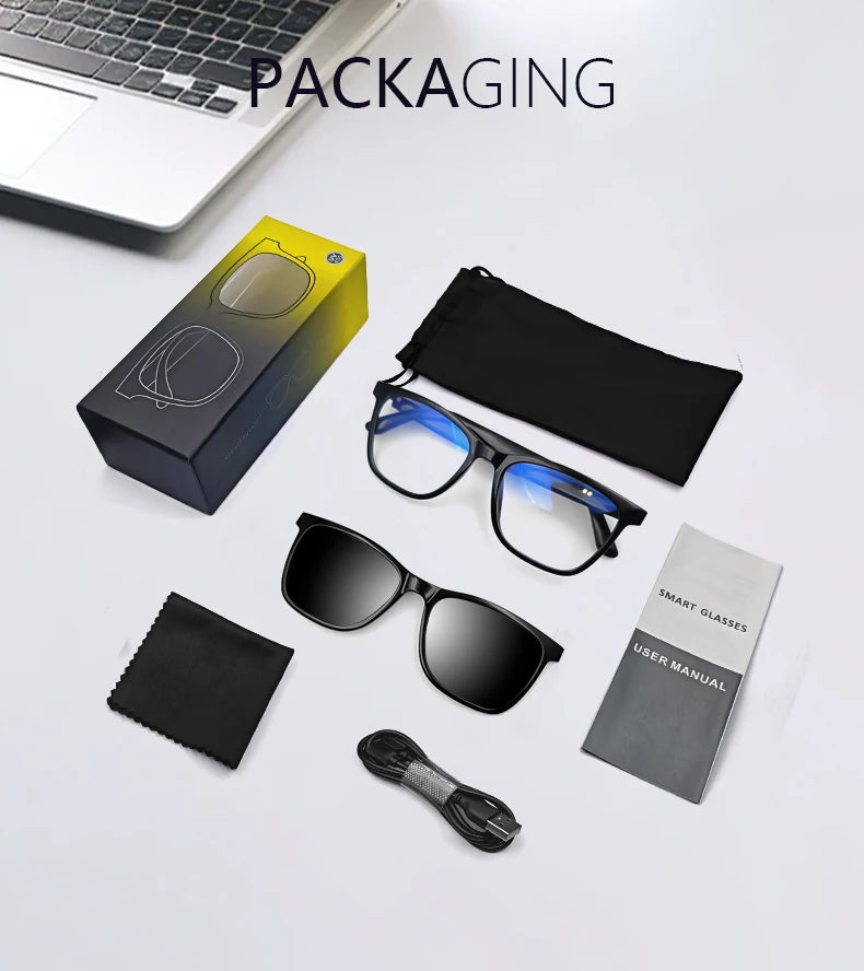 Packaging of eyeglasses and sunglasses with accessories on a white surface