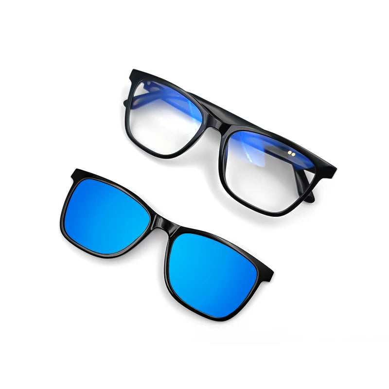 Black-framed bluetooth smart-sunglasses with blue lenses on a white background