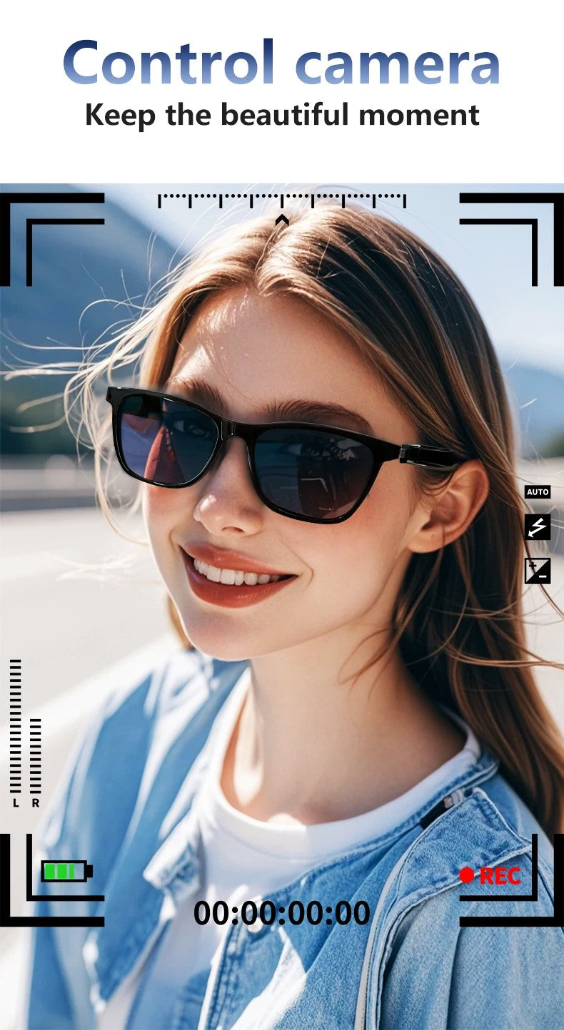 Woman wearing Smart Touch Bluetooth sunglasses