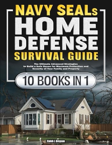Book cover of 'Navy SEALs Home Defense Survival Guide' with a house and stormy background.