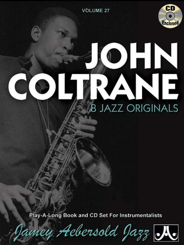 Book cover of 'John Coltrane 8 Jazz Originals' with a black and white photo of John Coltrane playing saxophone, featuring a CD on the top right corner.