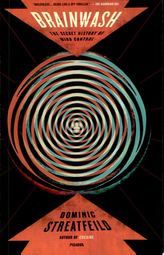 Book cover of 'Brainwash' with a hypnotic spiral design and red and orange text.