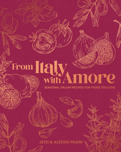 Book cover of 'From Italy with Amore' featuring illustrations of Italian ingredients on a magenta background.