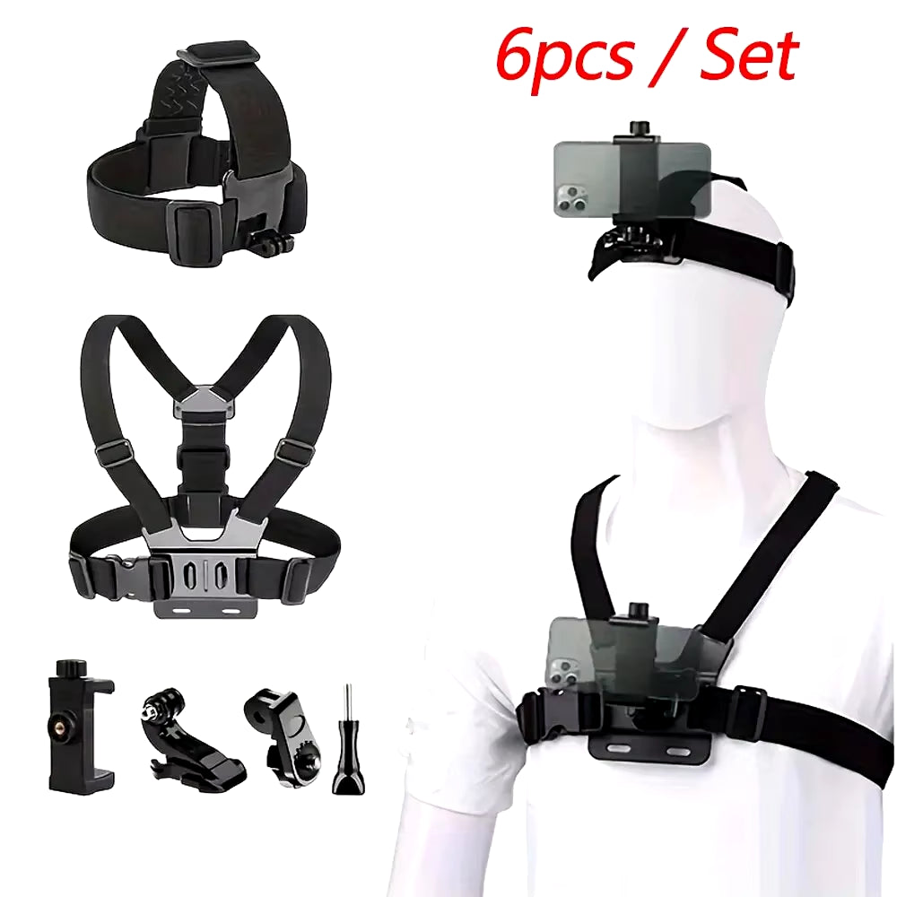 Action Camera Mount Kit: GoPro, Phone, Osmo - Head & Chest Straps