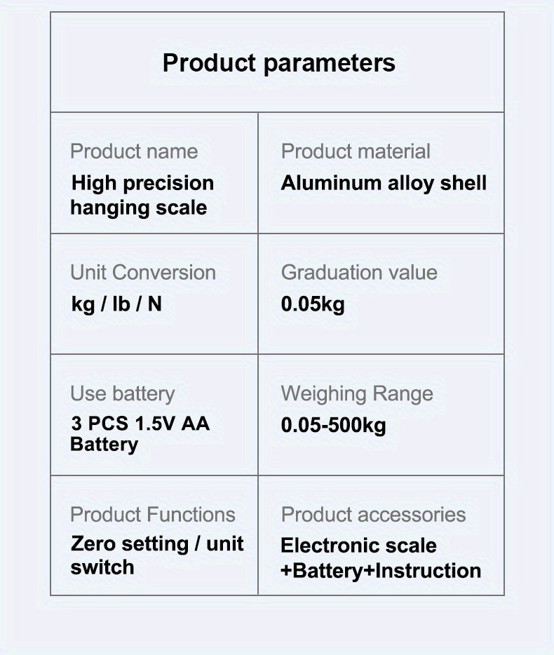 Product parameters table for a high precision hanging scale on a light blue background
