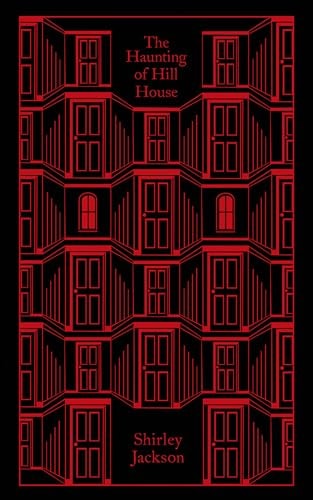 This image features the cover of "The Haunting of Hill House" by Shirley Jackson. The cover design is striking with its dark, almost black background, contrasted by a repeated pattern of a doorways and steps in a vivid red.