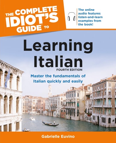 Book cover of 'The Complete Idiot's Guide to Learning Italian' with a scenic image of a canal and buildings.