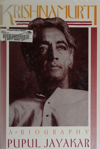 Book cover of 'Krishnamurti: A Biography' by Pupul Jayakar with a portrait of Krishnamurti.