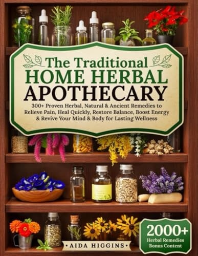 Bookshelf with herbs, bottles, and a sign for 'The Traditional Home Herbal Apothecary' by Aida Higgins.