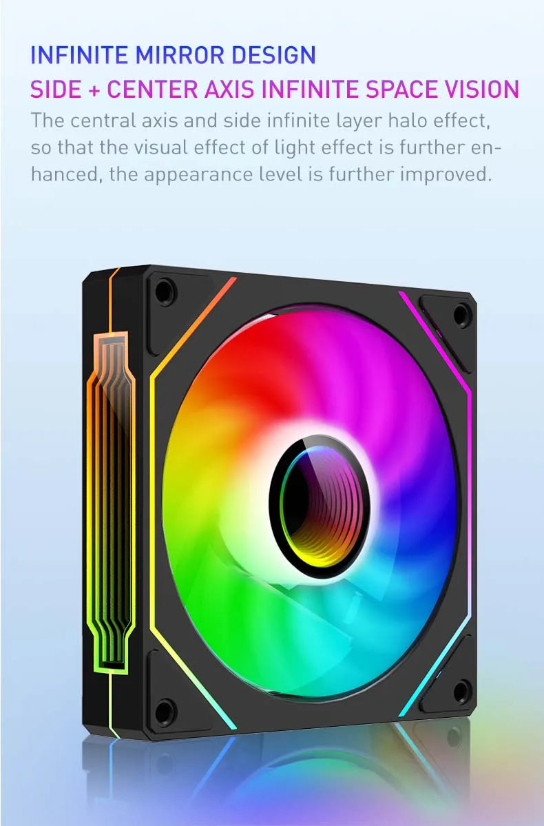 UPSIREN UF-1 PRISM 4 PRO 120mm ARGB computer fan illuminating a dark PC case.