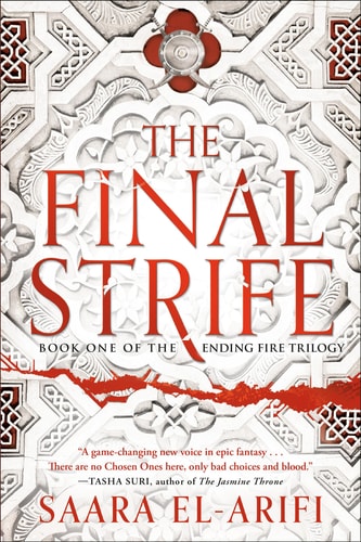 Book cover of 'The Final Strife' with intricate designs and red text on a white background
