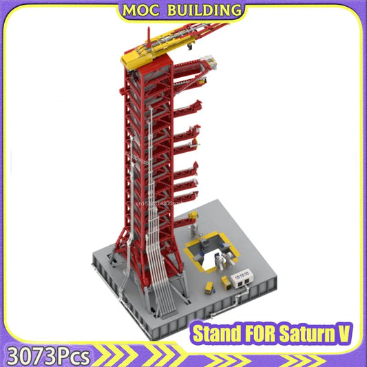 Model of a Saturn V rocket stand made from building blocks with text indicating the number of pieces and purpose.