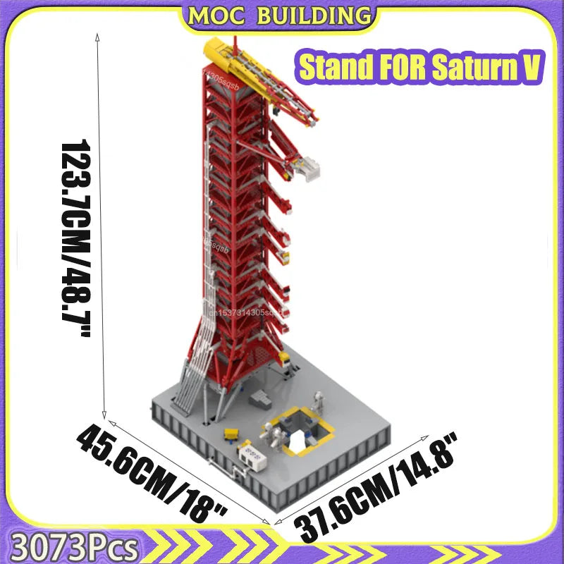 Model of a rocket stand for Saturn V with dimensions and piece count on a white background