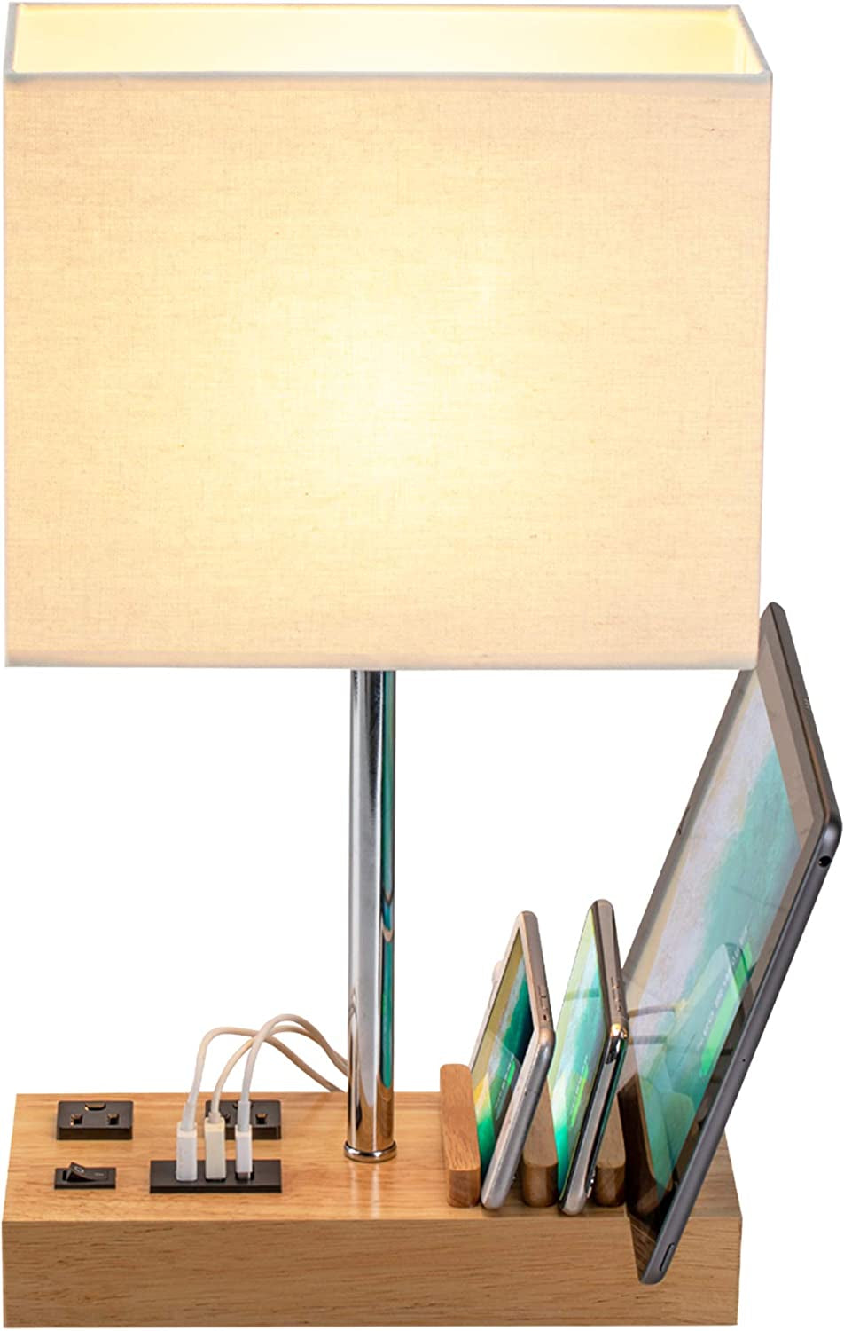 Woodgrain Desk Lamp (3) USB (2) AC Outlets & Sleek-Modern Phone Stands: Power Up Your Space