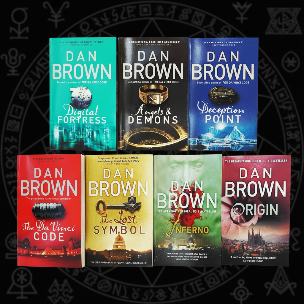 Collection of Dan Brown books with colorful covers on a black background