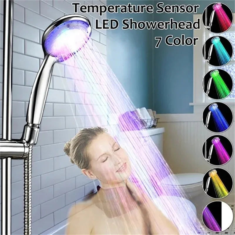LED showerhead with temperature sensor and 7 color options in a bathroom setting.