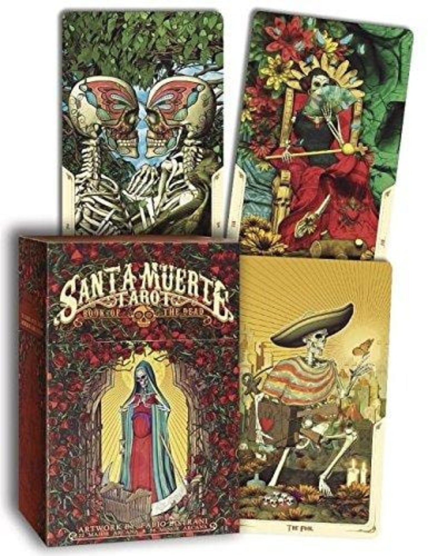 Collection of Santa Muerte tarot cards with colorful and detailed artwork, including skeletons and floral elements.