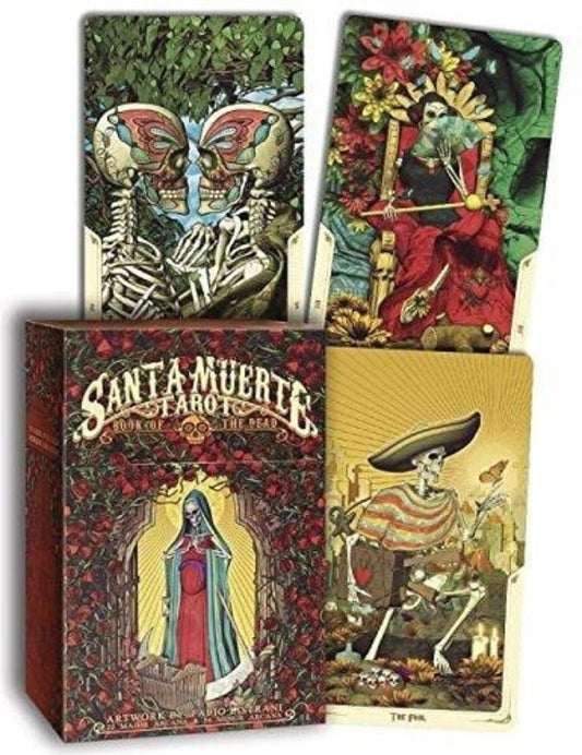 Collection of Santa Muerte tarot cards with colorful and detailed artwork, including skeletons and floral elements.