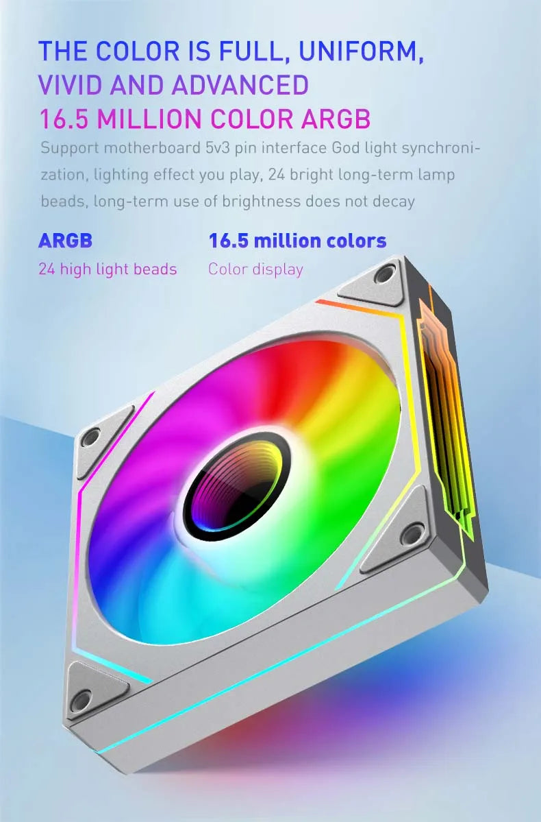 RGB cooling computer fan with colorful lighting on a blue gradient background