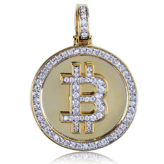 Gold pendant with Bitcoin symbol and diamond accents on a white background