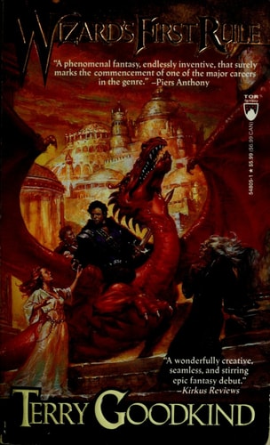 Book cover of 'Wizard's First Rule' by Terry Goodkind featuring a dragon and castle.