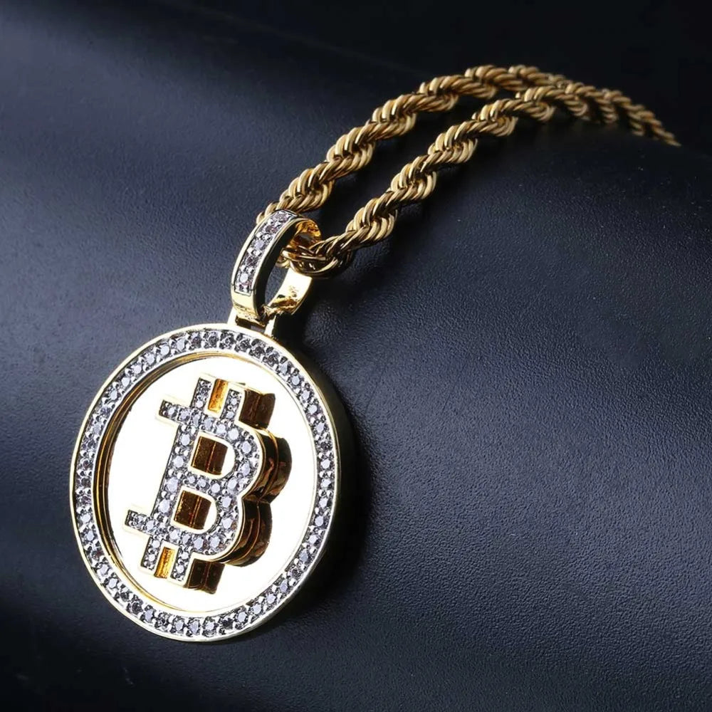 Gold necklace with Bitcoin pendant on a dark background