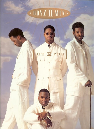 Book cover with four men in white outfits with 'Boyz II Men' and 'Us II You' text against a blue sky.