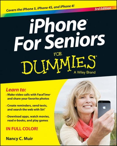 Book cover of 'iPhone For Seniors For Dummies' with a woman using an iPhone.
