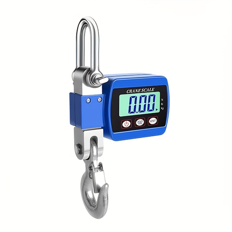 Digital crane scale with blue display and metal hook on a white background