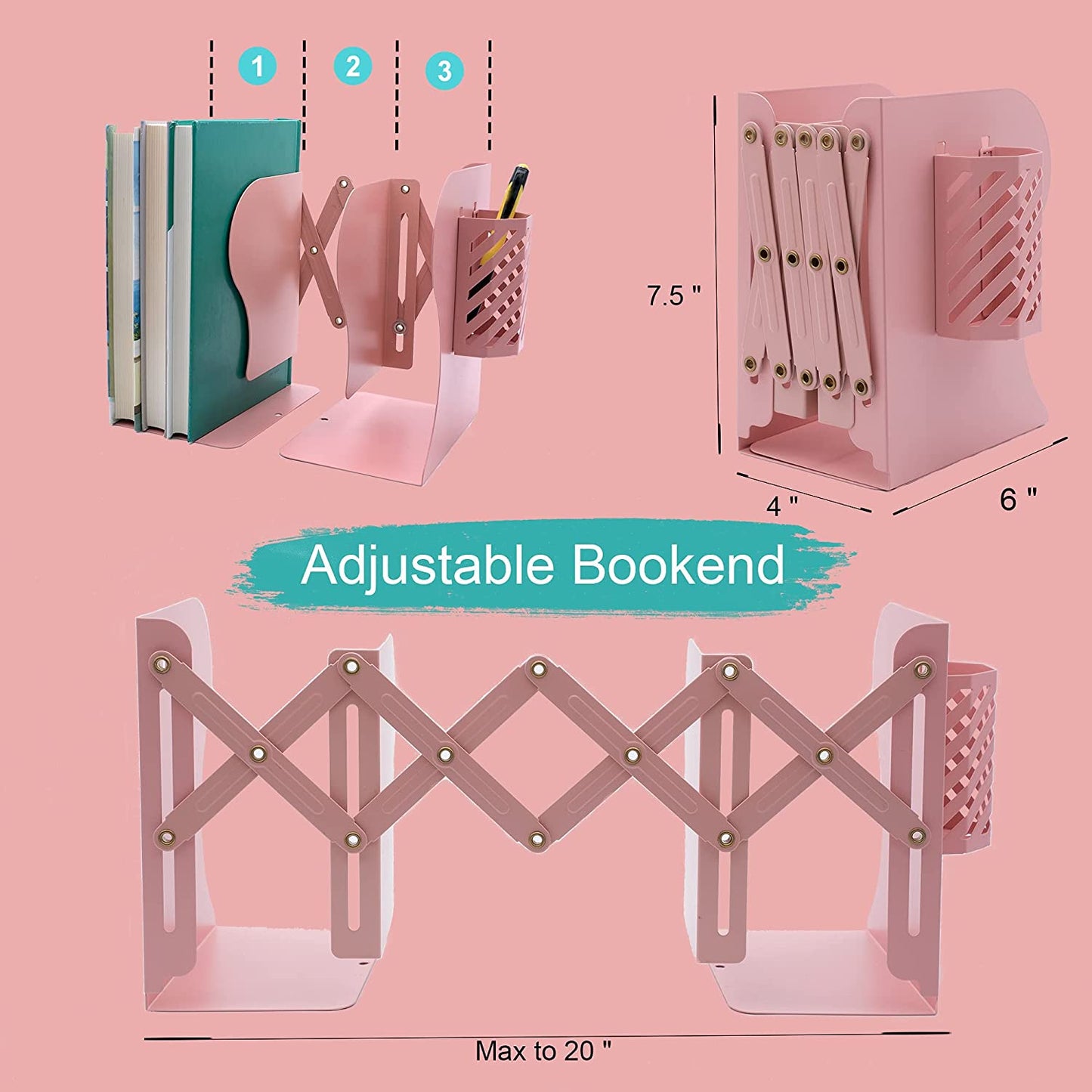 Bust-Down Books - Expandable Metal Bookshelf Bookends For Heavy Books (Pink)