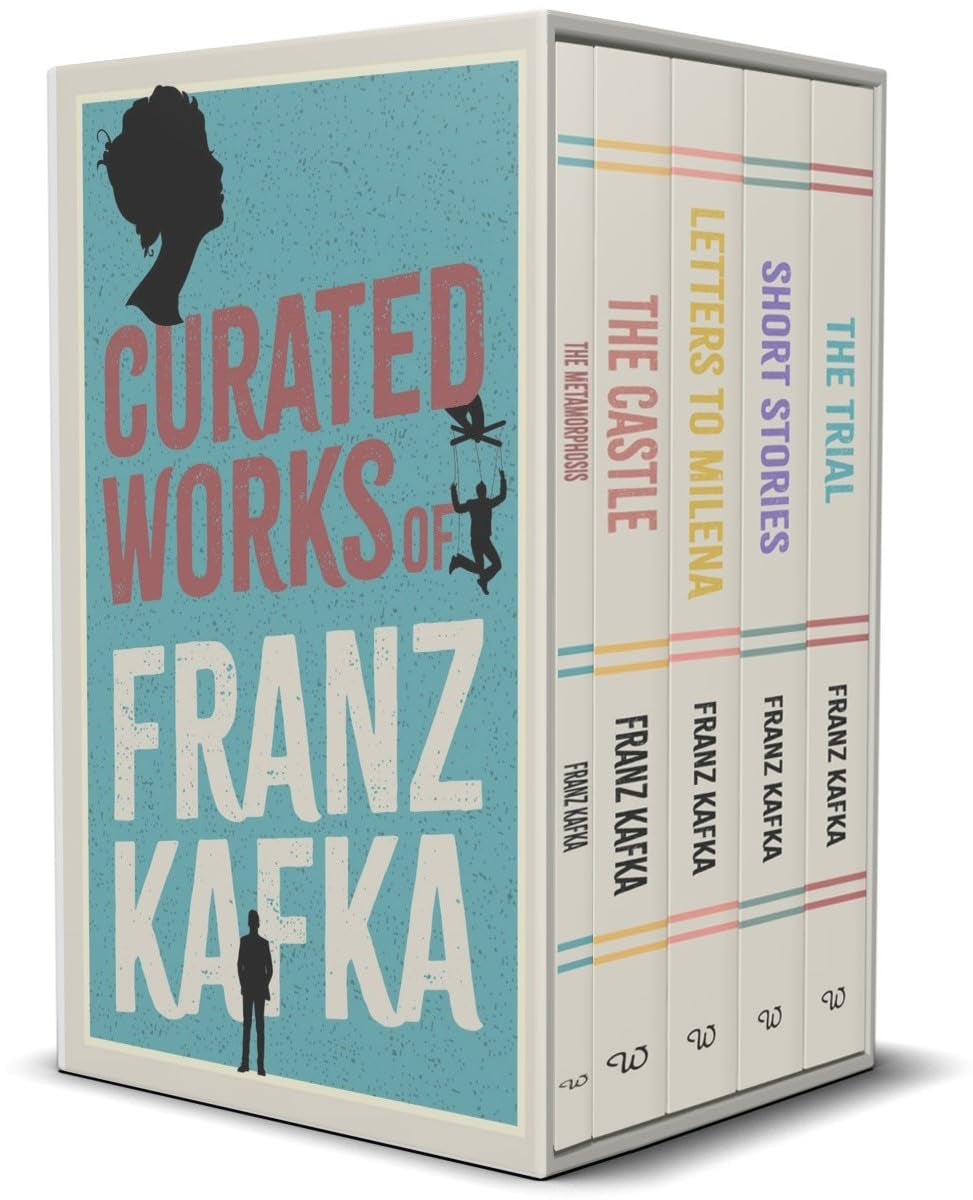 Display of book box set 'Curated Works of Franz Kafka (5) Book Collection Box Set' collection from angle showing case and book spines.