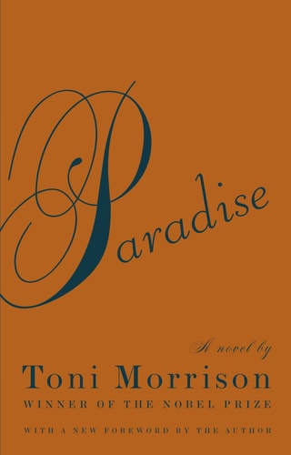 Book cover of 'Paradise' by Toni Morrison with an orange background and black text.