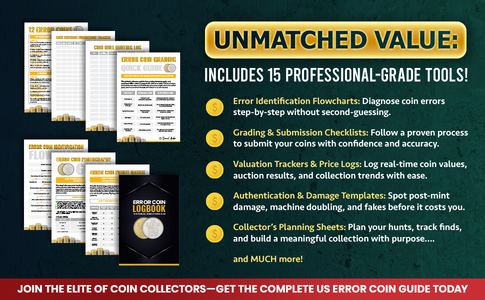 Promotional graphic for a coin collecting guide with tools and features listed.