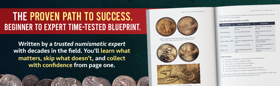 Book open to a page about numismatics with coin images and text on a green background
