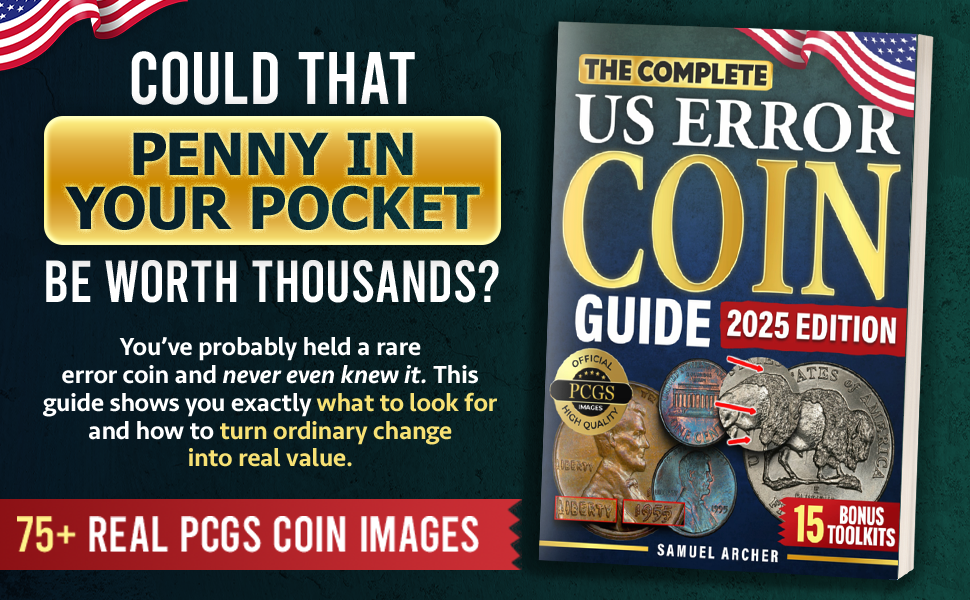 Book cover of 'The Complete US Error Coin Guide 2025 Edition' with promotional text about rare coins.