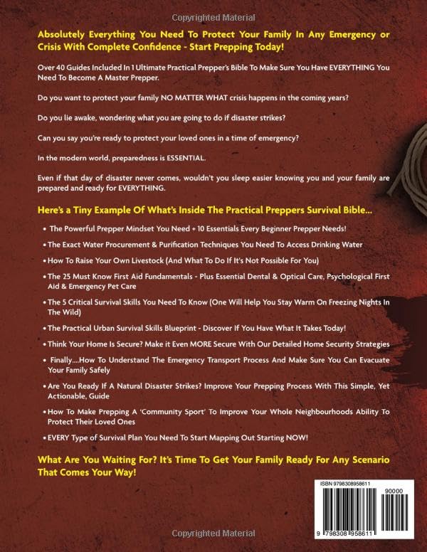 Back cover of book 'The Practical Preppers Survival Bible' with book description and barcode on a red background.