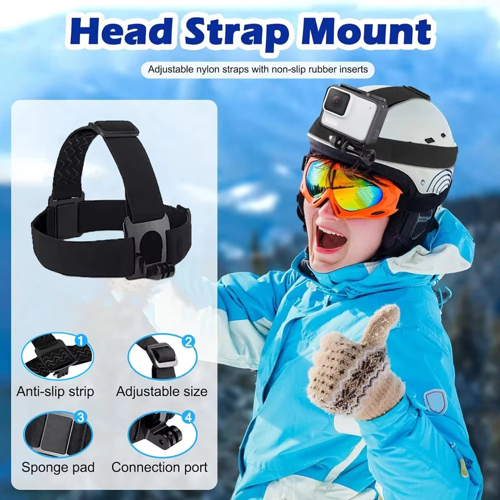 Action Camera Mount Kit: GoPro, Phone, Osmo - Head & Chest Straps