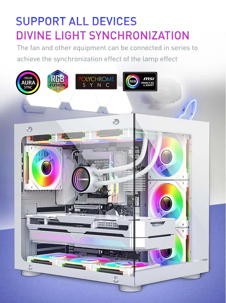 Computer case with RGB lighting, cooling components, fans and synchronization technology on a white background